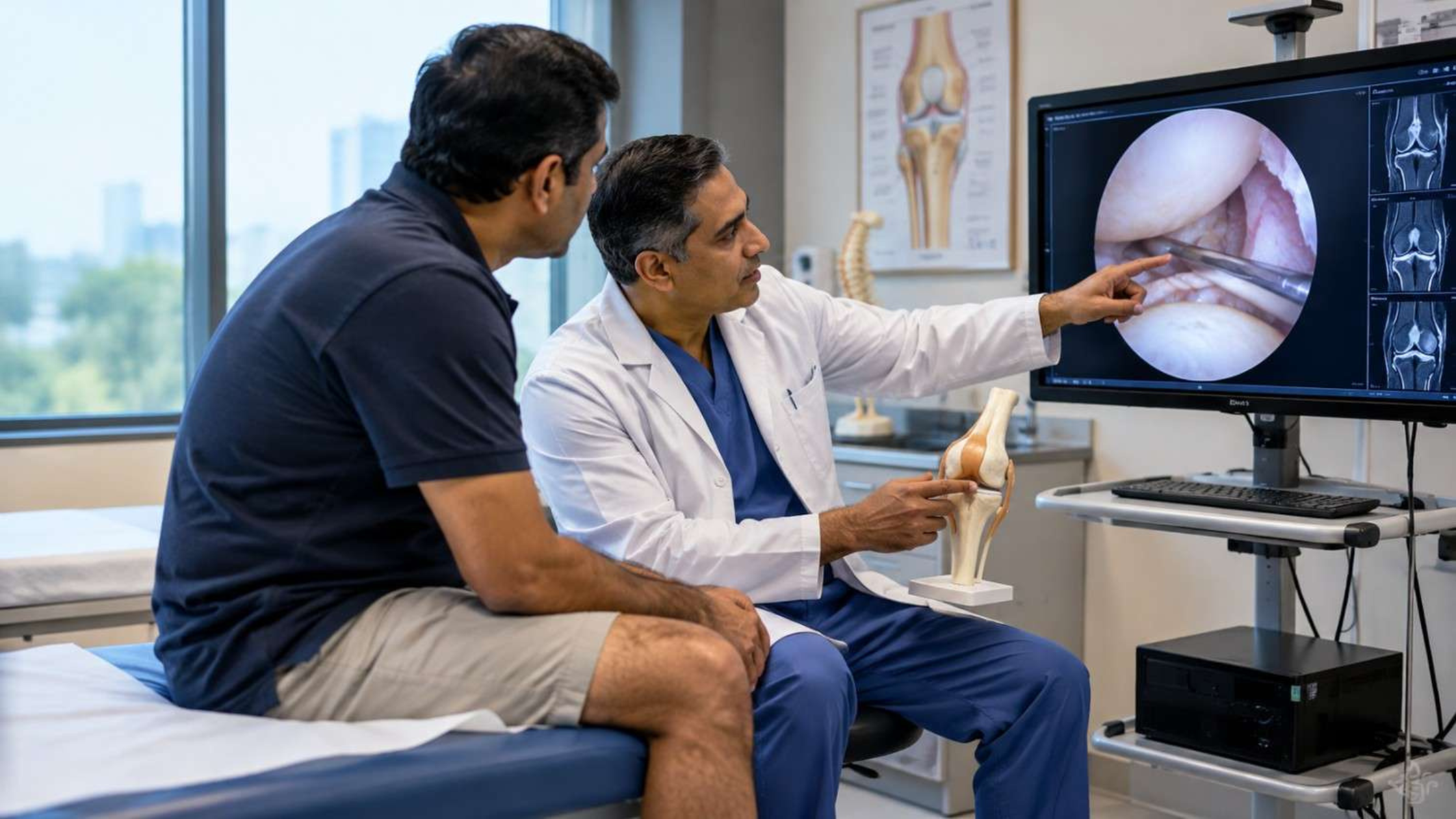 Orthopedic doctor explaining knee arthroscopy using a medical scan and joint model.