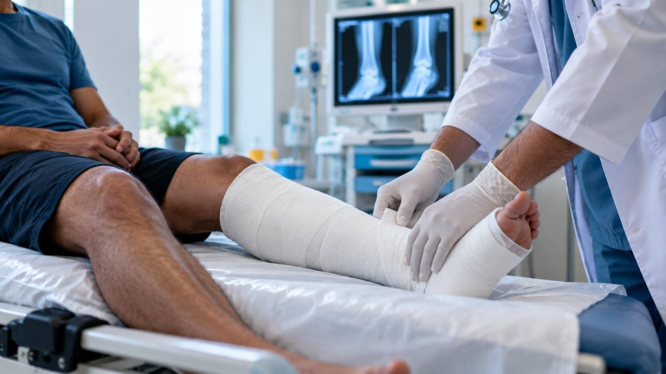 Patient undergoing supervised knee rehabilitation with a physiotherapist in a modern clinic.