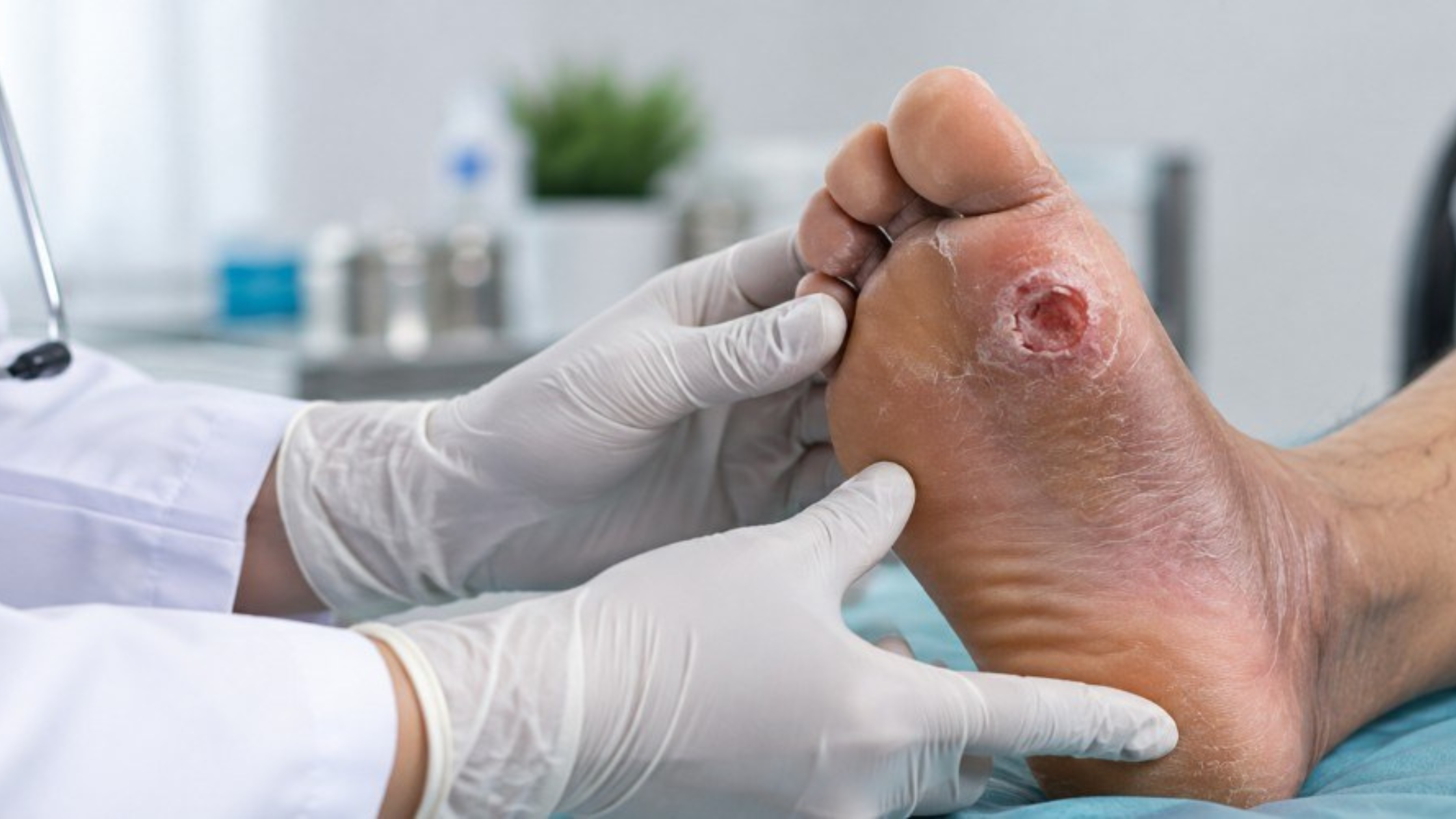 Doctor examining a foot wound in a patient with diabetes.