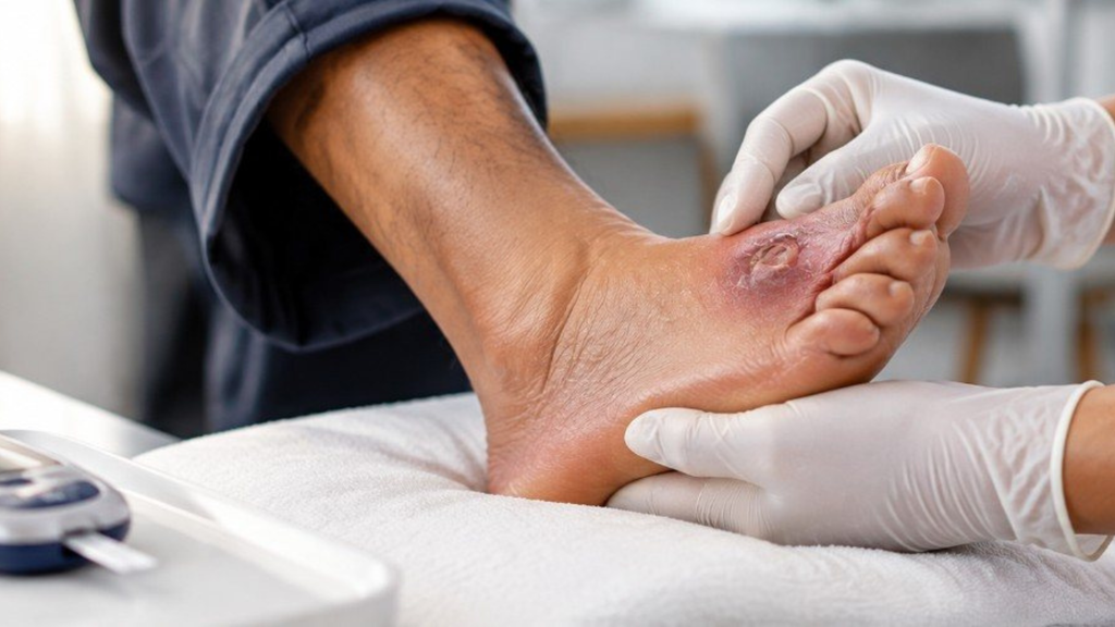 Doctor examining a foot wound in a patient with diabetes.